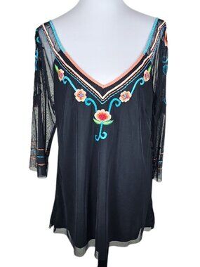 Tunique Black Embroidered Floral Mesh Sleeve Tunic Top M Boho Whimsigoth Western